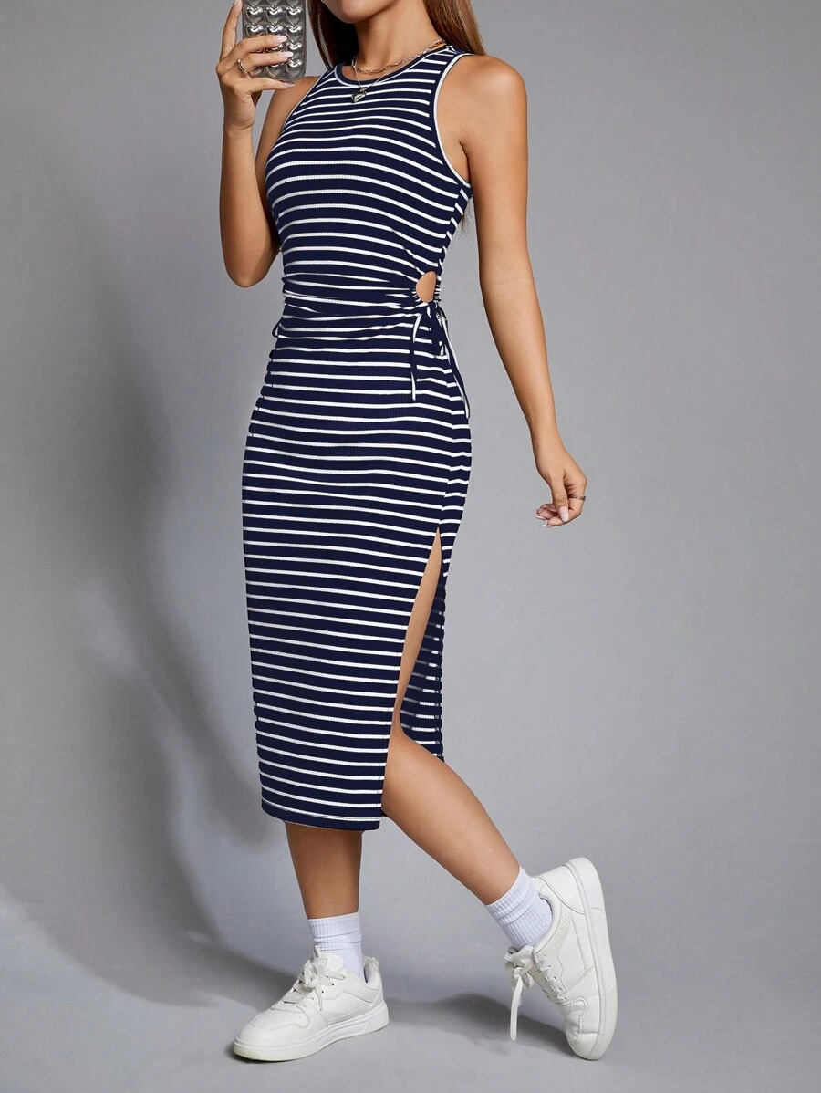 SHEIN EZwear Navy Striped Knitted Women Dress - Blue and White - View 1