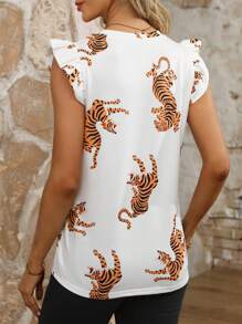 Blusa sin mangas con volantes y estampado de tigre blanco para mujer - Blanco - Ver 2