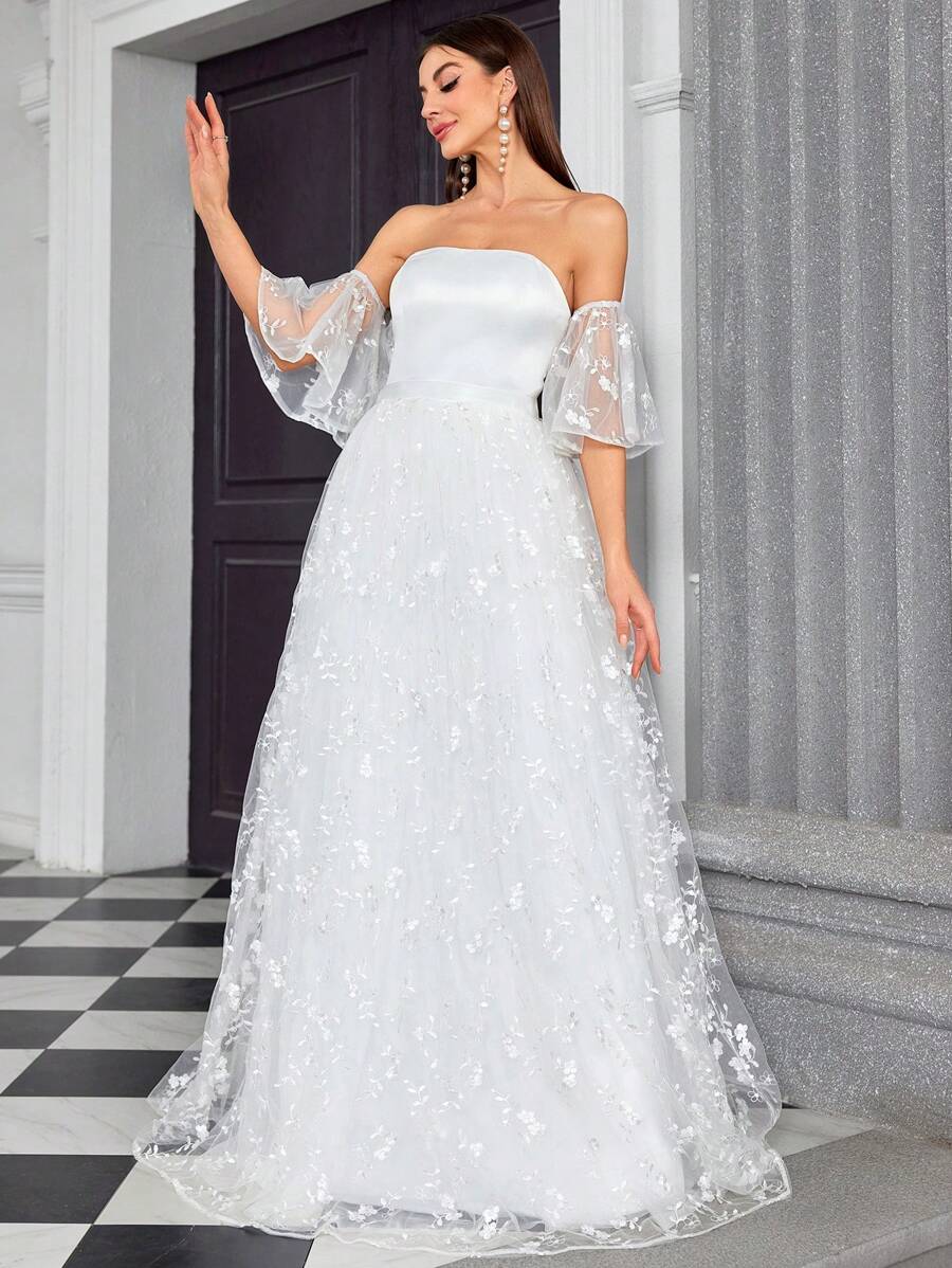 Mgiacy Strapless Satin Embroidered Lace Wedding Dress With Large Hem,Bride - White - View 1