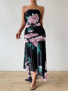 Zolique Women Summer Floral Print Pleated Strapless Dress With Ruffle Hem - Pink - View 4