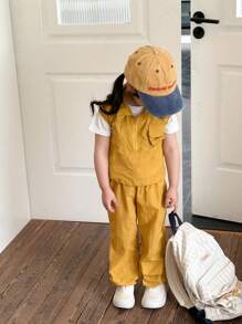SHEIN Conjunto de dos piezas amarillo para niña joven, adecuado para la temporada de regreso a clases y el Día del Niño, traje deportivo casual para el verano