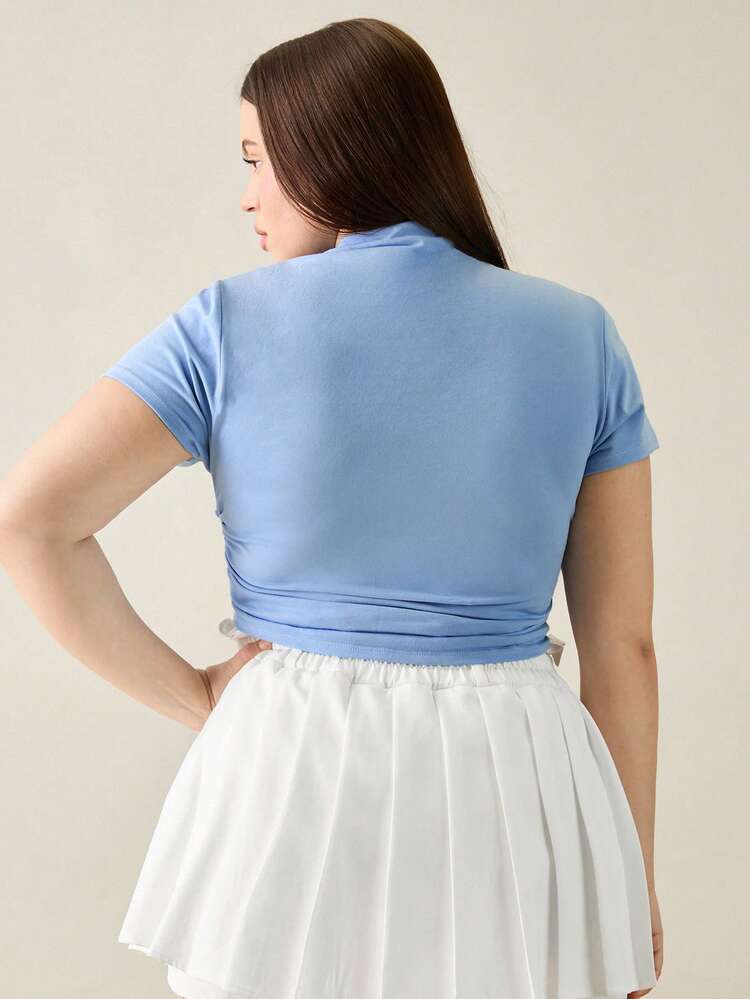 Women Plus Size Letter Print Stand Collar Pleated Short Sleeve Slim Fit T-Shirt