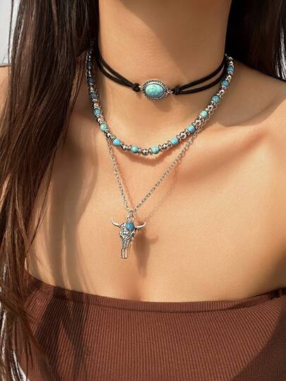 Hippie 3pcs Western Cowboy Style Turquoise Beaded Necklaces With Bull Head Pendant