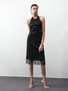 Maija Women's Fashion Shiny Halter Backless Dress For Summer - Black - View 5