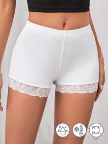 SHEIN Tall 女性高腰蕾絲拼接透濕排汗彈性白色緊身褲 - 白色 - 查看 4
