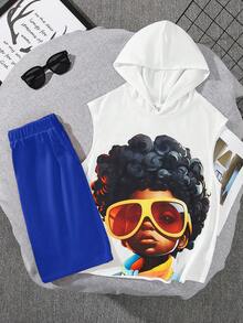 SHEIN Tween Boy Street Style Áo không tay có mũ trùm đầu in hình ngộ nghĩnh và quần short dệt kim hai mảnh màu trơn - Xanh đậm - Xem 2