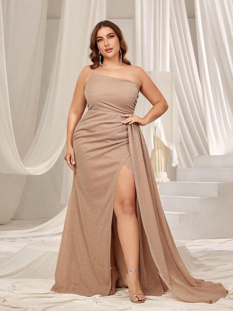 Vestido formal de noche elegante con un hombro, drapeado lateral y pliegues con brillo, para graduación, cena, fiesta de graduación y boda como invitada - Champán - Ver 1