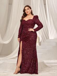 Faeriesty Plus Sweetheart Neck Twist Front Sequin Formal Dress - Burgundy - View 4