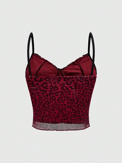Grunge Punk Débardeur femme à dentelle de contraste imprimé léopard rouge et floral en maille, école