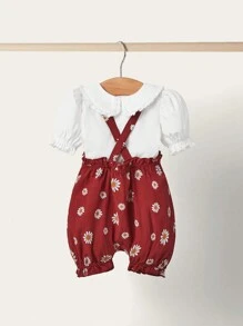 SHEIN Newborn Baby Girl Cute Casual Solid Color Lace Collar Short-Sleeved Shirt & Floral Pattern Overalls Shorts Outfit, Suitable For Summer
