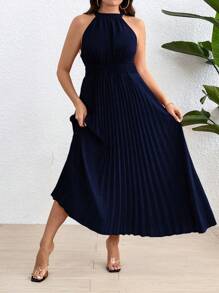Flirla Große Größen Maxikleid für Damen mit Bubikragen, ärmellos und plissiert, einfarbig