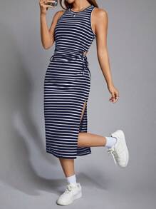 SHEIN EZwear Navy Striped Knitted Women Dress - Blue and White - View 5