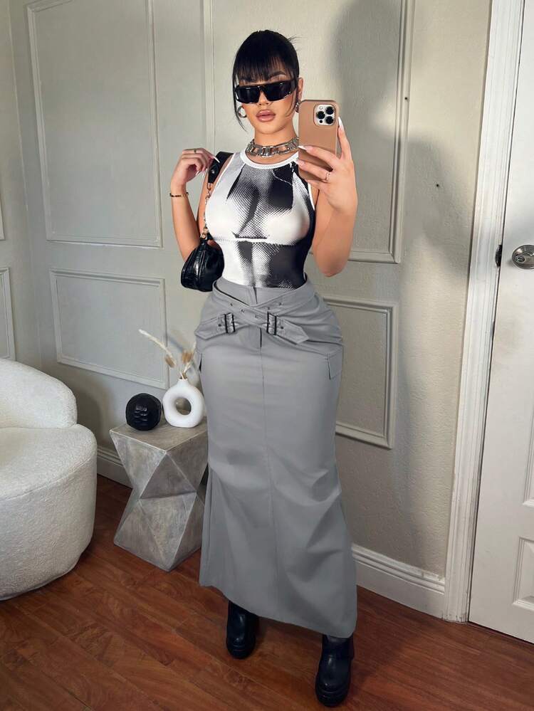 Sexy Long Workwear Skirt For Women With Tie And Eyelet Detail