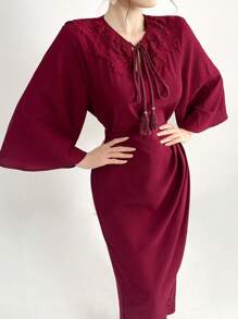 Mulvari Burgundy Red Solid Color Lace Spliced Tie Neck Top And Skirt Set 2 Pieces Set