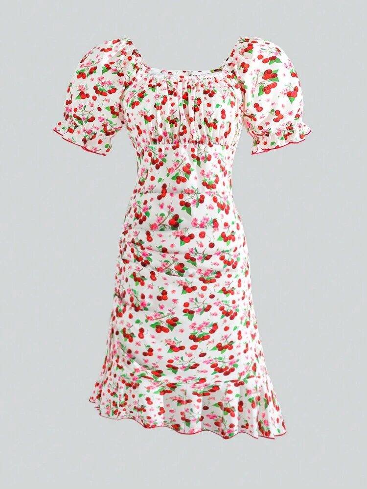 Teen Girl Floral Print Dress With Regular Hemline