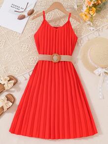 Tween Girl Summer Spaghetti Strap Pleated Belted Dress - Orange - View 3