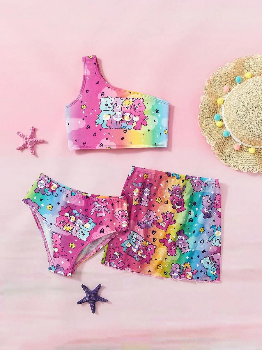 SHEIN X Care Bears 年轻女孩针织卡通渐变印花单肩比基尼套装三件套夏季海滩 - 彩色 - 查看 1