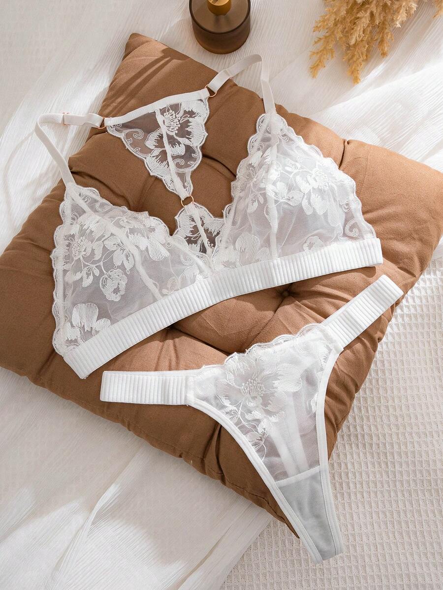 Lãng mạn Loạt Lưới thêu Bras & Bộ quần lót 2 - trắng - Xem 1