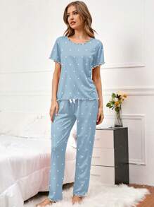 Polka Dot Printed Short Sleeve And Long Pants Spring Summer Pajama Set