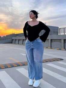 Flirla Áo thun Plus size Bất đối xứng Xù màu trơn Giải trí - màu đen - Xem 5