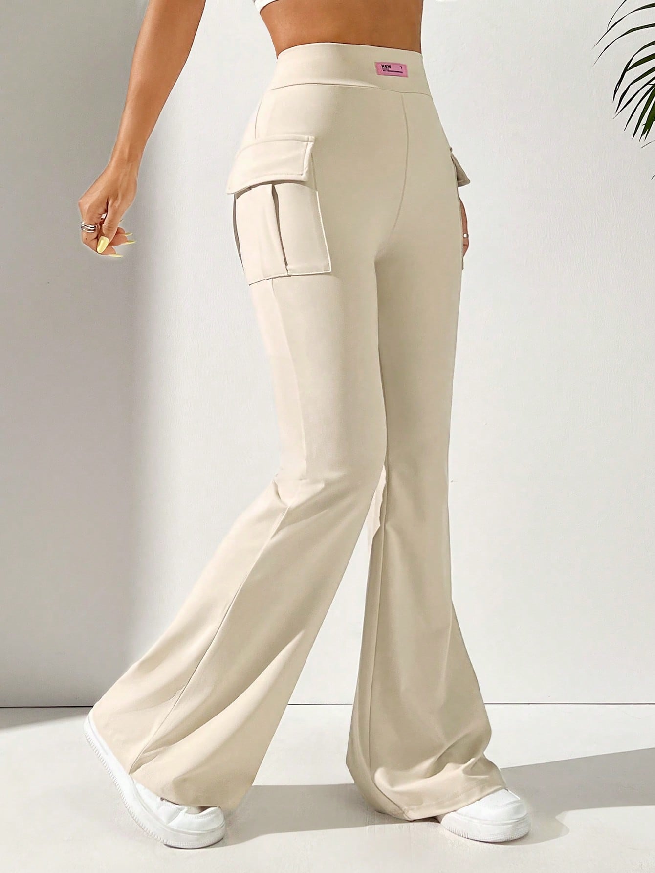 SHEIN EZwear سروال نسائي قطني مضلع عريض مع جيوب ،...