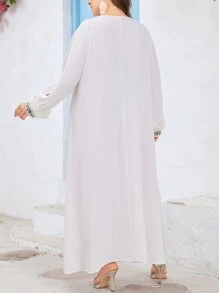 Seusyu Plus Size Loose Fit Elegant And Casual Dress With Notch Neckline And Sequin Splicing - Beige - View 2