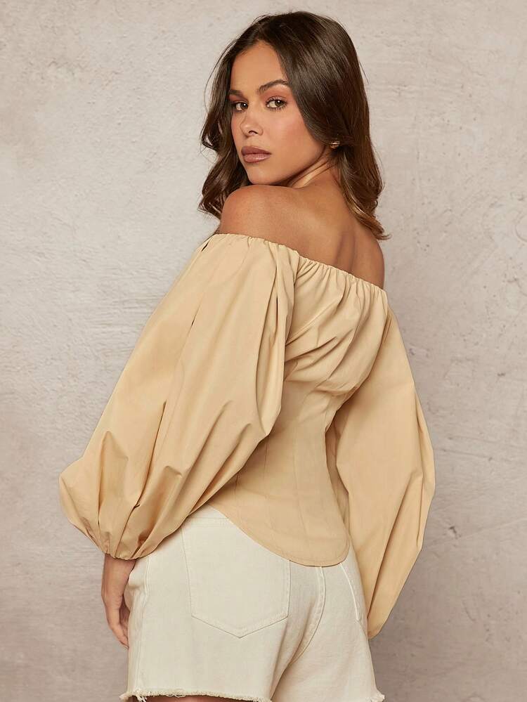 Elegant Solid Off Shoulder Lantern Sleeve Blouse