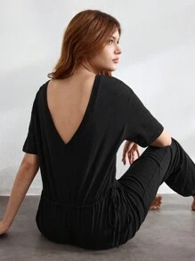 Ocili Leisure Comfortable Soft Natural Breathable Women Home Clothing Jumpsuit - Black - View 6