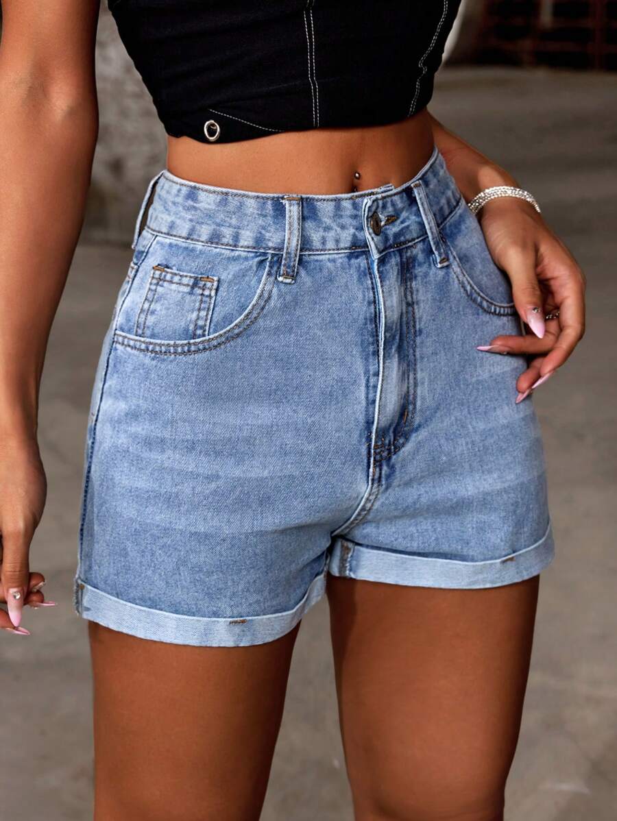 SHEIN PETITE 女性實色口袋裝飾簡約日常風格短褲