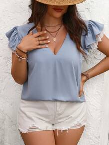 Flirla Plus Size Summer Casual Lace Patchwork Ruffle Hem Blouse - Blue - View 6