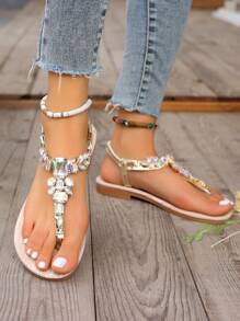 Sandalias de gladiador doradas, zapatos de verano para mujer, sandalias planas cómodas con aplicaciones de rhinestone en estilo bohemio para fiestas - Dorado - Ver 5