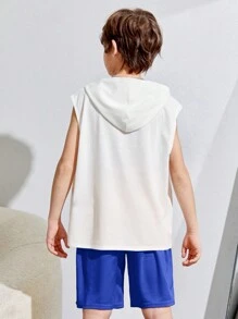 SHEIN Tween Boy Street Style Áo không tay có mũ trùm đầu in hình ngộ nghĩnh và quần short dệt kim hai mảnh màu trơn - Xanh đậm - Xem 8