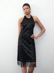 Maija Women's Fashion Shiny Halter Backless Dress For Summer - Black - View 4