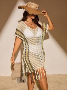 SHEIN Swim Curve Plus Size V-Neck Contrast Color Dress Cover Summer