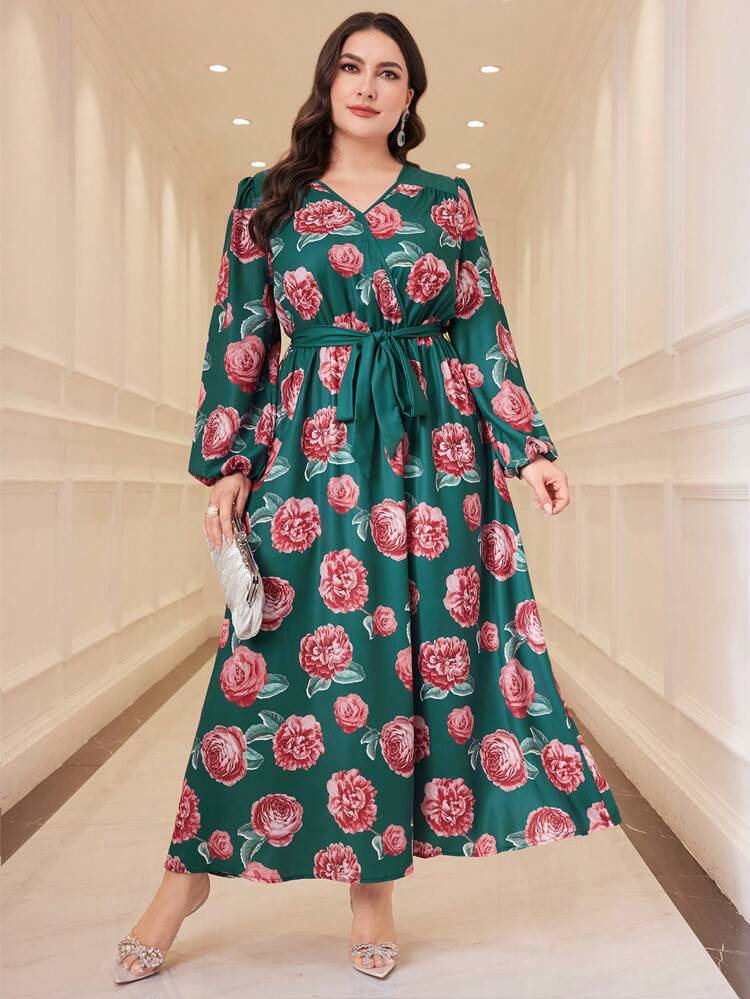 Plus Size Floral Printed Arabian Clothing Dress With V-Neck Long Evening Dresses