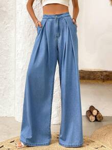SHEIN LUNE Quần denim ống rộng xếp ly đơn giản hàng ngày cho nữ - Rửa nhẹ - Xem 5