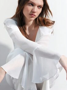 Maija Women's Casual Solid Color Ruffle Flared Sleeve Blouse, Spring/Summer - White - View 3
