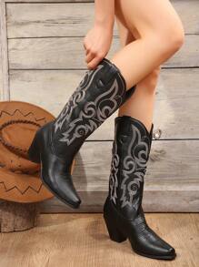Botas de estilo occidental bordadas con motivos de caballero, botas a media pantorrilla, botas Chelsea, botas altas para mujer, nuevo diseño - Negro - Ver 4
