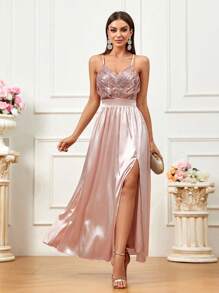 SHEIN Belle Rochie de domnisoara de onoare asortata pentru banchet eleganta si stilata cu bretele - Șampanie - Vizualizare 1