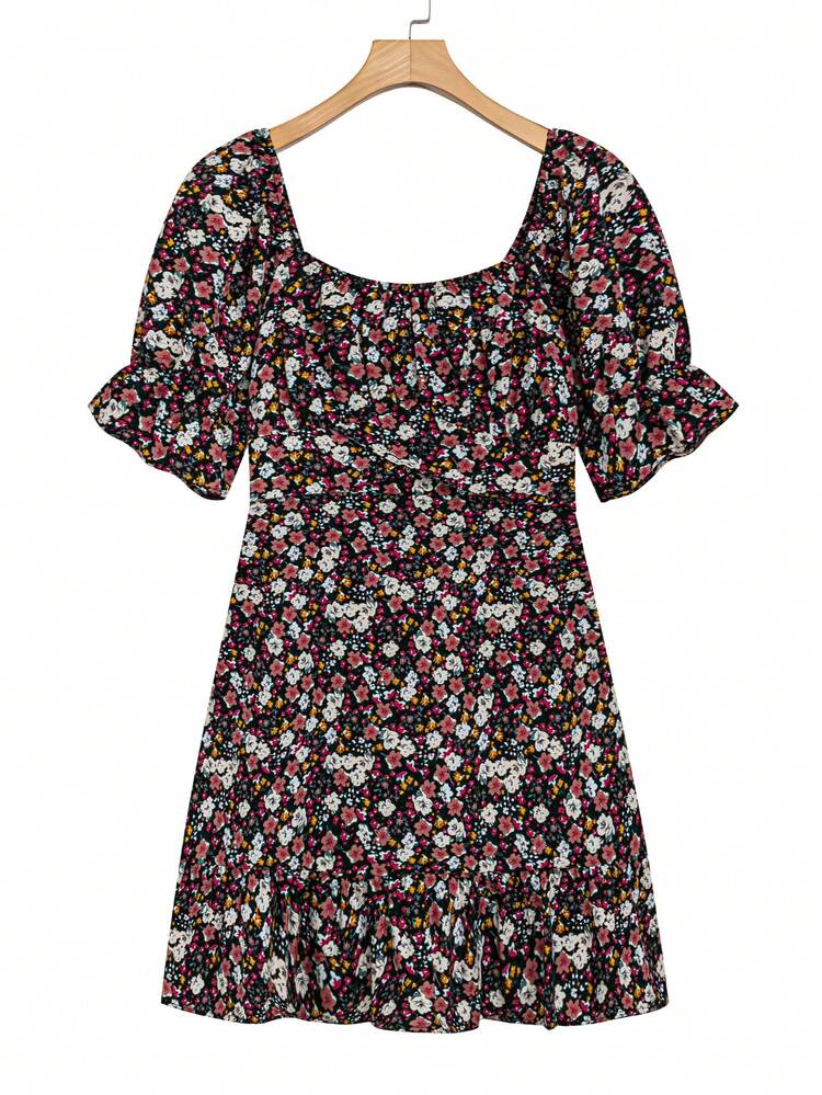 Plus Size Square Neckline Floral Print Dress With Ruffled Hem
