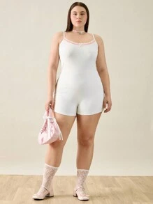 Forever 21 Plus Size Women Summer Lace Trim Tight Jumpsuit With Spaghetti Straps - White - View 4