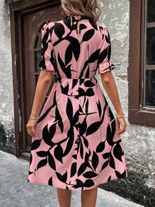 EMERY ROSE 女式热带印花泡泡袖立领连衣裙 长款女装 女式中长连衣裙 女士休闲连衣裙 女士复古连衣裙 女士休闲连衣裙 女士休闲连衣裙 - 粉色 - 查看 2