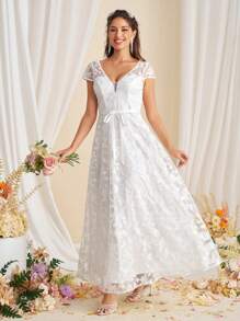 SHEIN Belle Vestido de novia bordado romántico con cuello en V profundo y cintura atada para mujeres - Blanco - Ver 3