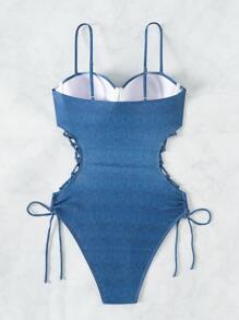 SHEIN Swim Traje de baño para mujeres con cordones de encaje y estampado en la parte superior