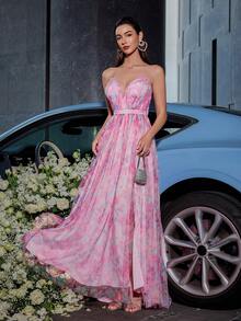 Mesh Tie Dye Backless Criss-Cross Strap Dress With Slit Hem, Padded Bust, And Floor Length For Holiday Party - Pink - View 3