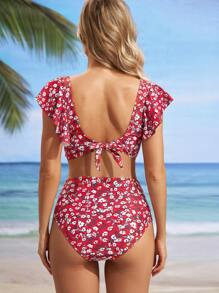 SHEIN Summer Beach Maternity Butterfly Sleeve Floral Print Bikini Set - Multicolor - View 2