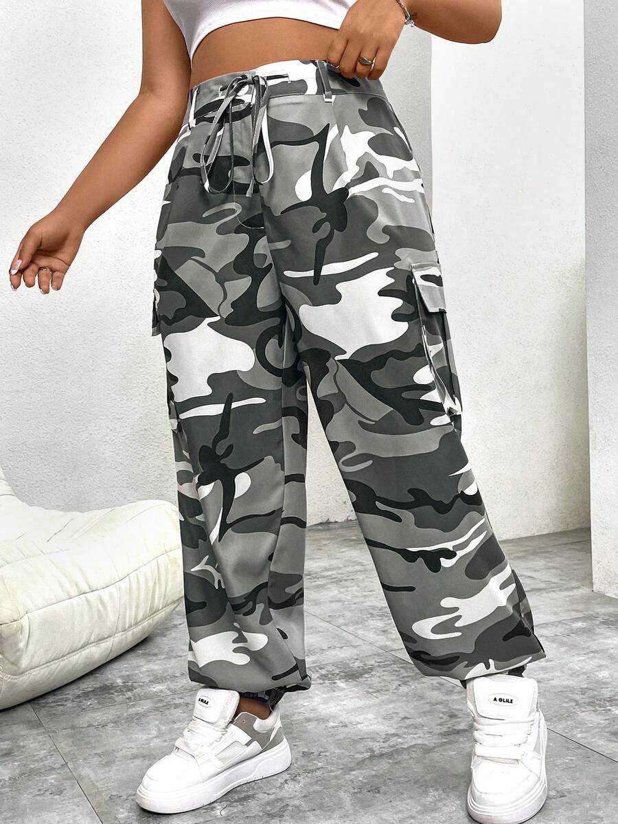 Flirla 加大碼迷彩印花休閒運動長褲，彈性腰帶和束口帶 - 彩色 - 查看 1