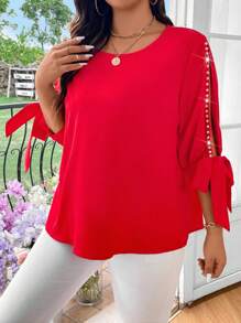 EMERY ROSE Plus Size Faux Pearl Beaded Round Neck Hollow Out Tie Front Summer Casual Shirt For New Year Clothes