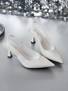 2025秋冬女士高跟鞋，细跟，纹理低鞋面，尖头，镂空后跟，踝带鞋，猫跟，优雅 - 白色 - 查看 6