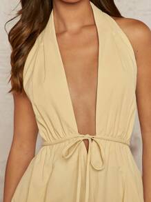 Hauture Buttery Yellow Self Tie Front Woven Plunging Neck Open Back With Bow Halter Dress